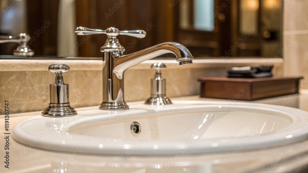 Poster a medium closeup of a bathroom sink with a stylish faucet and highend fixtures capturing the eleganc
