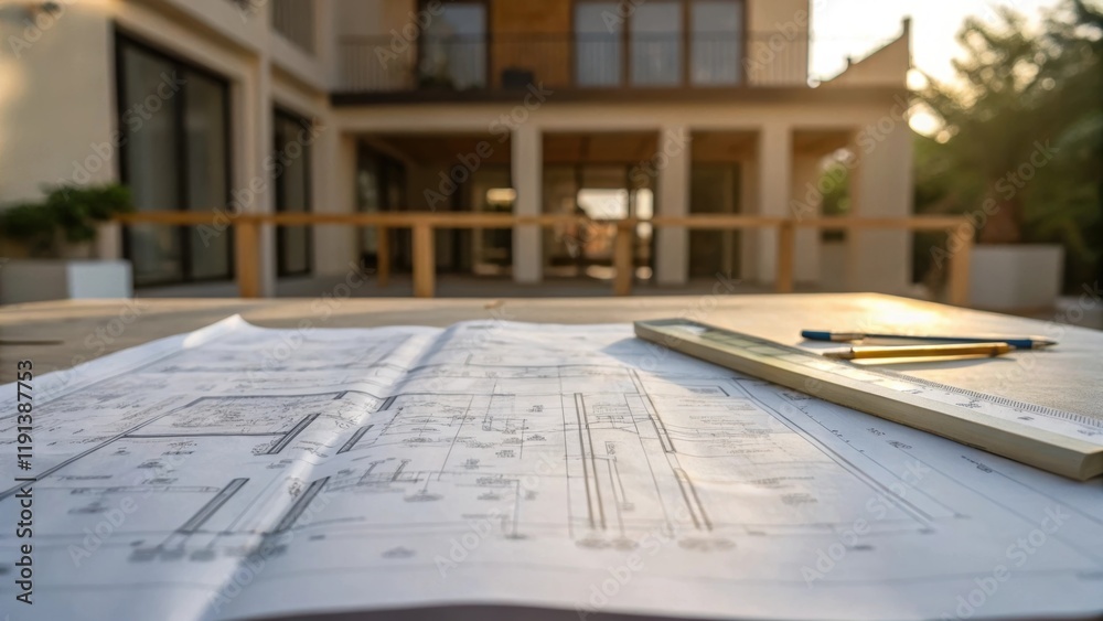 Aufkleber A medium closeup of a blueprint spread out on a table the intricate lines and notes illuminated by natural light symbolizing the planning and vision behind the building project.