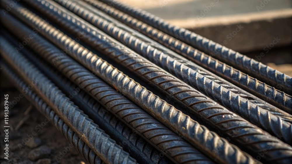 Poster a medium closeup of a bundle of rebar showcasing the ribbed texture that provides structural integri