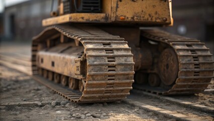 Fototapeta premium A medium closeup of a bulldozer from the mid20th century capturing its robust undercarriage and sy tracks with signs of wear that tell stories of heavy use on rugged terrain.
