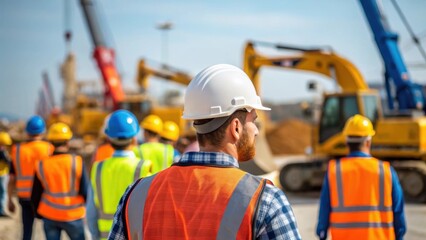 A medium closeup of a bustling construction site featuring workers coordinating with heavy machinery showcasing teamwork and the dynamic environment of job creation.