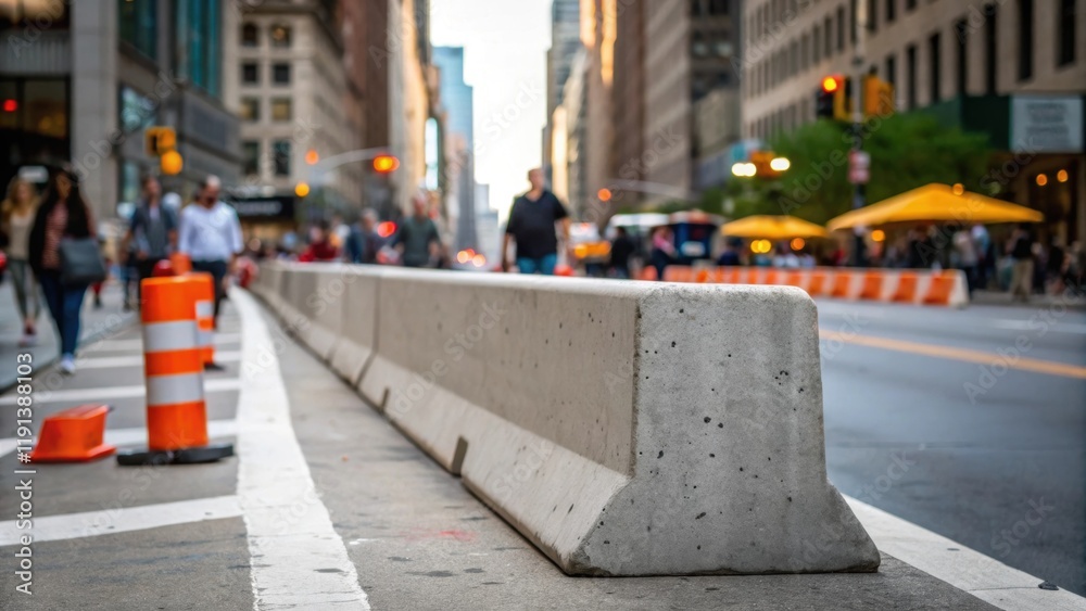 Poster A medium closeup of a concrete barrier being erected with passing pedestrians and city life in sharp contrast emphasizing the temporary disruption caused by ongoing development.