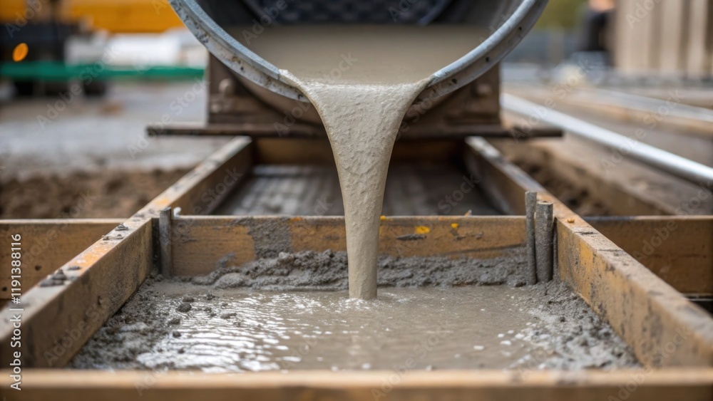Fototapete A medium closeup of a concrete mixer pouring a stream of wet concrete into a mold illustrating the process of creating solid structures that can symbolize the formation of new