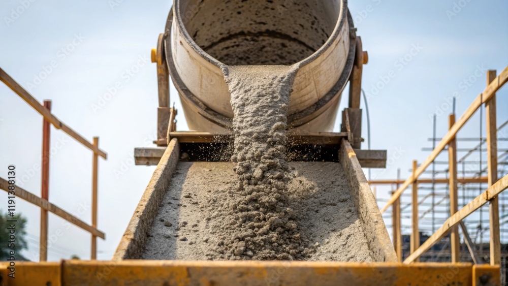 Aufkleber a medium closeup of a concrete mixer pouring a rich blend into formwork with splashes of cement cont
