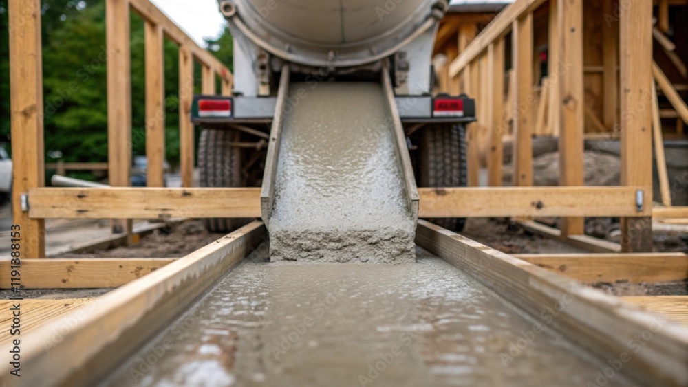 Aufkleber a medium closeup of a concrete mixing truck with its chute extended pouring a steady stream of wet c