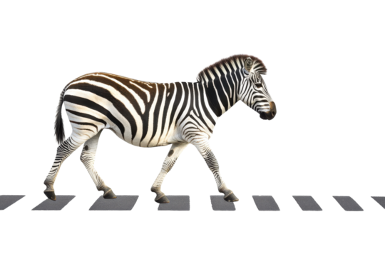 Zebra crosses a pedestrian lane with marked black and white stripes in a bright setting during daylight