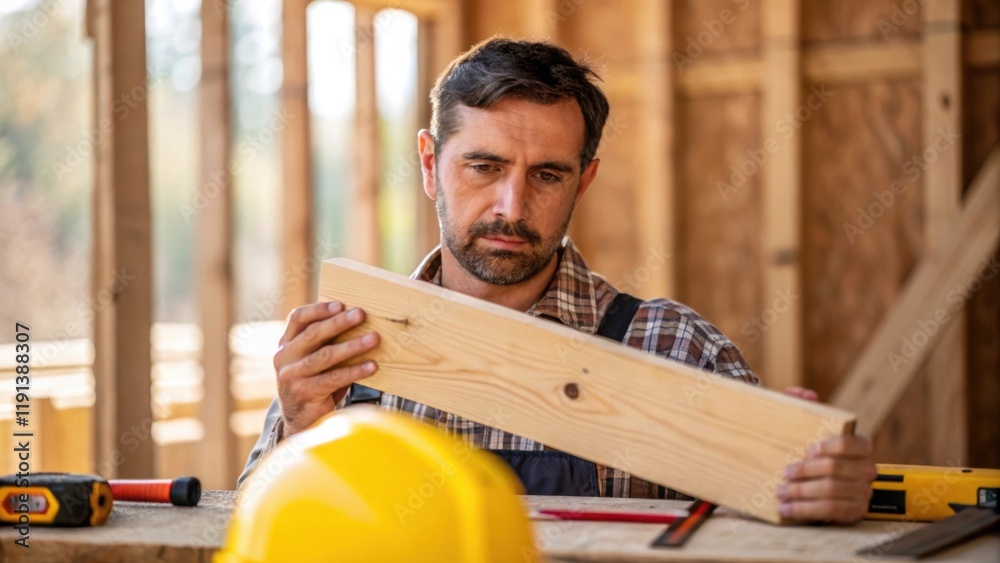 Poster a medium closeup of a construction site foreman examining a piece of lumber holding it up to light r