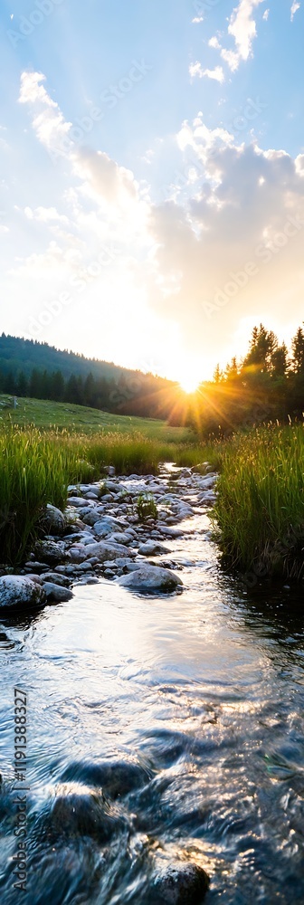 Poster pristine stream flowing through meadow at sunrise in nature : generative ai