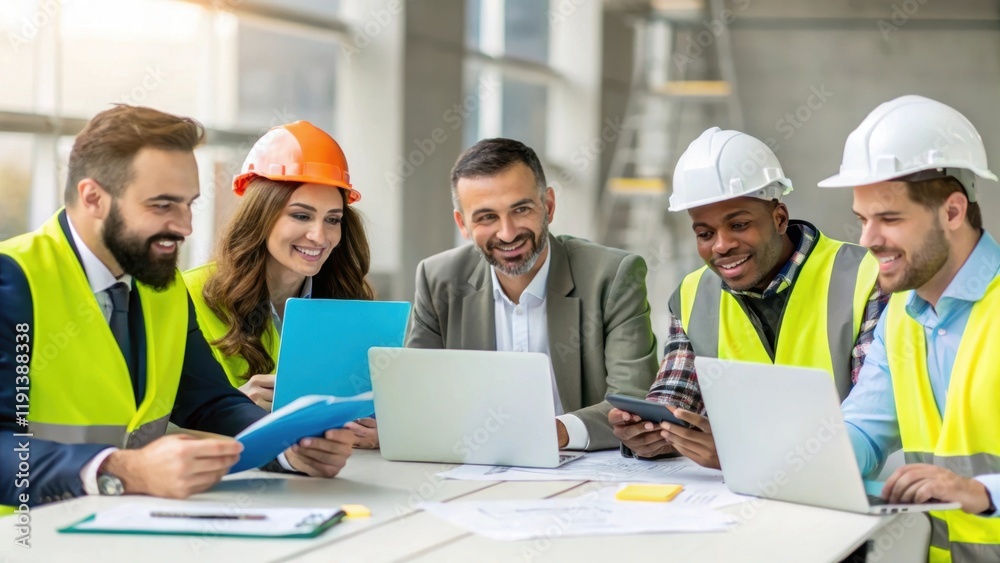 Poster a medium closeup of a construction site meeting capturing a diverse group of professionals gathered 