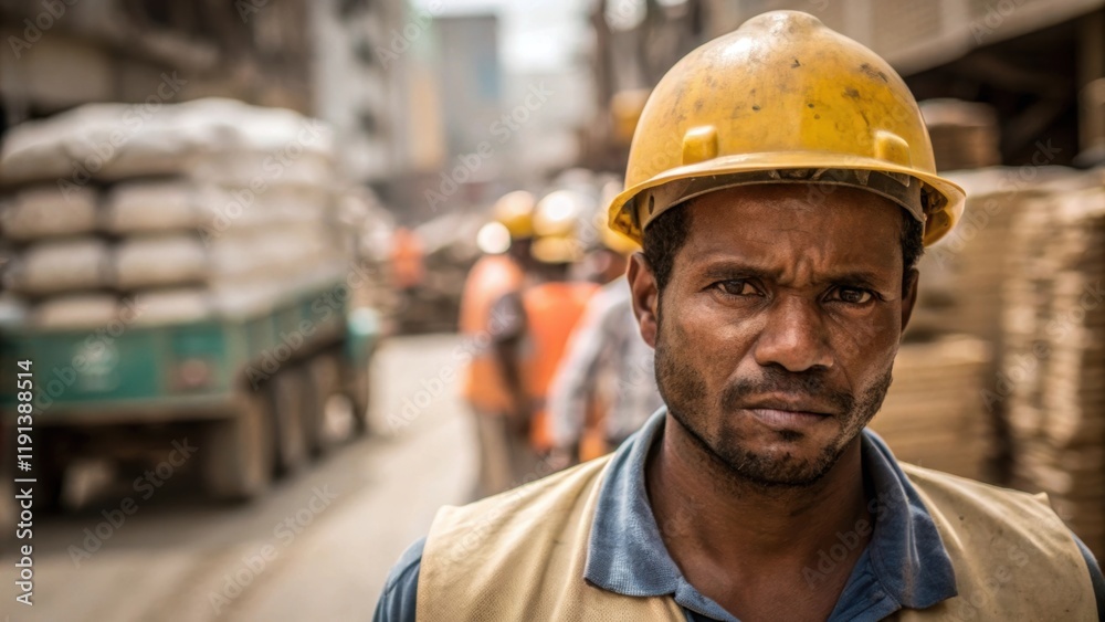Fototapete a medium closeup of a construction workers face showing focused determination as a flurry of activit