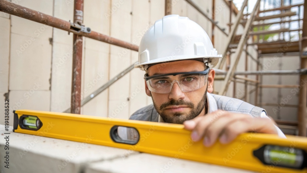 Poster a medium closeup of a construction worker wearing safety goggles and a hard hat focused on adjusting
