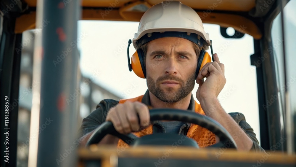 Poster A medium closeup of a construction worker using earplugs while operating machinery with an intense focus on their face conveying the importance of hearing protection in a loud