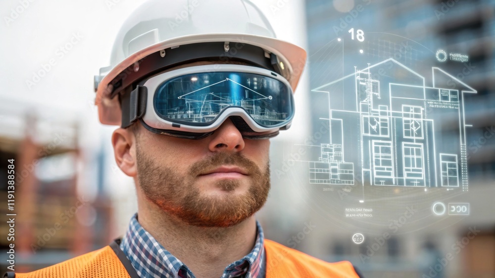 Aufkleber A medium closeup of a construction worker using augmented reality goggles to visualize project details overlaid on the physical environment demonstrating the tingedge technology
