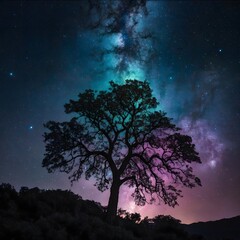 Stunning Fantasy Tree Silhouetted Against a Starry Night Sky Ideal for Enchanting Themed Projects and Decor