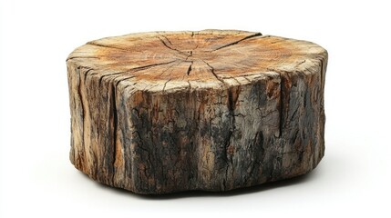 Rustic Wooden Tree Stump Slice, Isolated on White Background