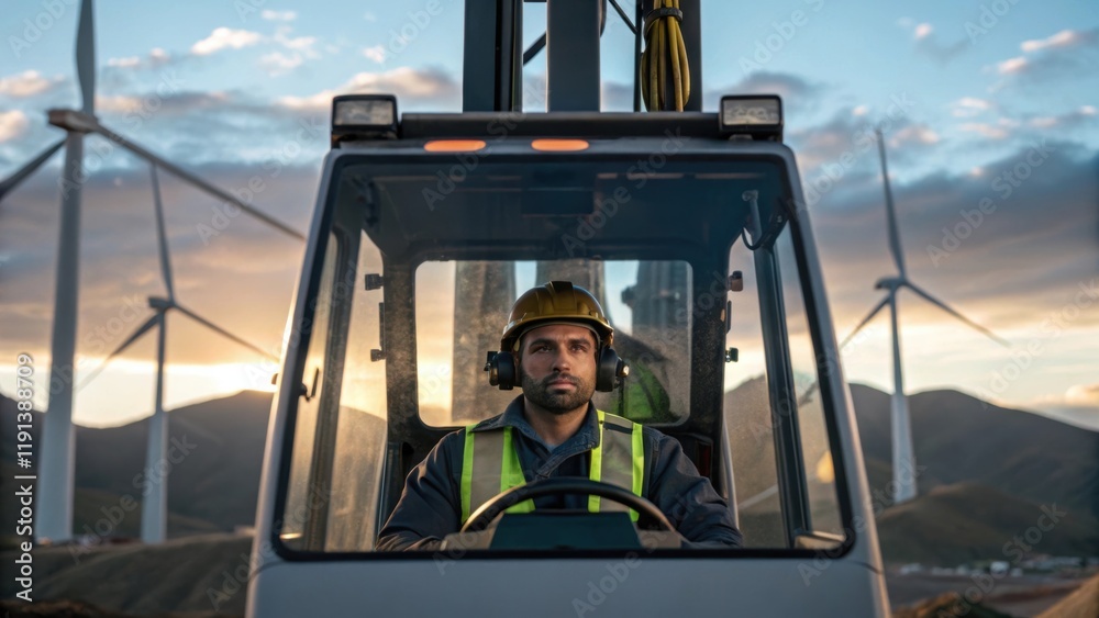 Aufkleber a medium closeup of a crane operator in a cab intensely concentrating on lifting a turbine blade int