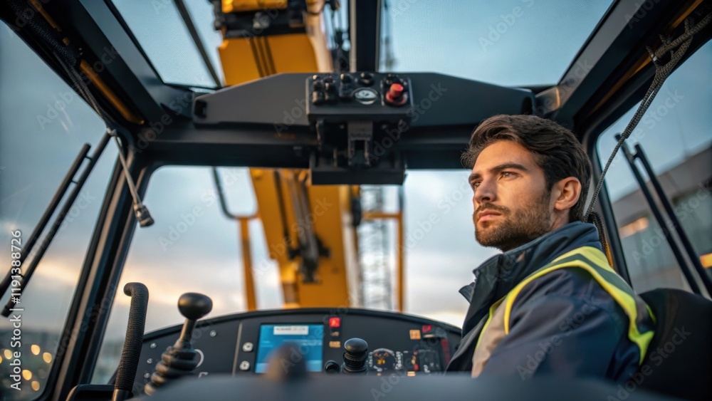 Poster A medium closeup of a crane operators focused expression as they maneuver equipment capturing the precision and technological advancement in modern construction practices.
