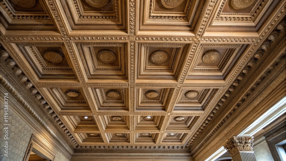 Aufkleber A medium closeup of a decorative ceiling featuring coffered panels where deep recesses create a rhythmic pattern. The interplay of light and shadow within the panels adds depth and