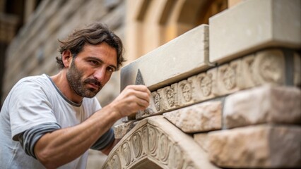 A medium closeup of a craftsman skillfully applying traditional mortar between newly restored stones his focused expression highlighting the dedication to preserving the buildings