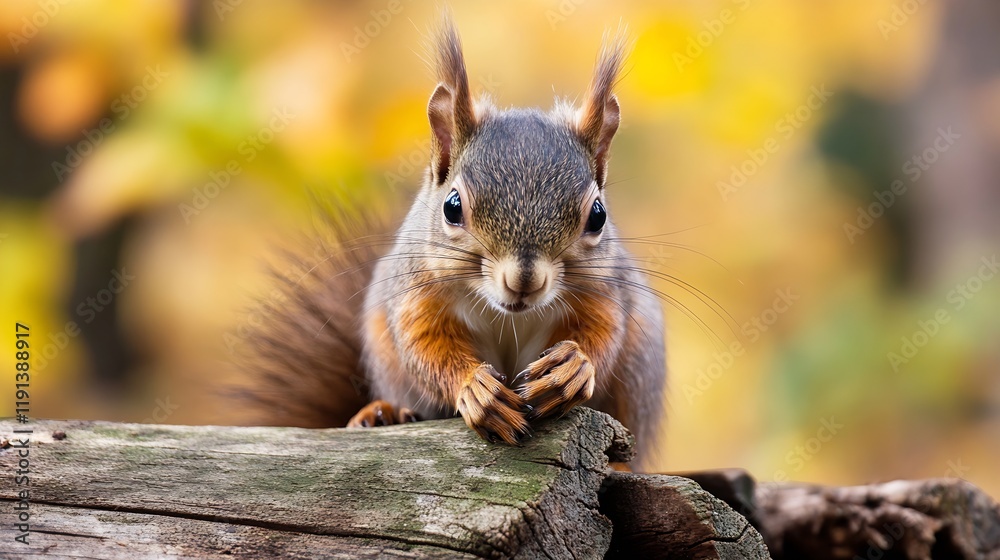 Poster Adorable Red Squirrel on Tree Branch with Blurred Autumn Leaves Background : Generative AI