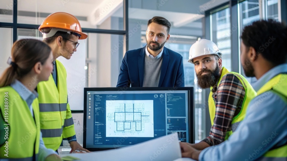 Aufkleber A medium closeup of a dynamic team meeting with engineers and project managers gathered around a digital display brainstorming ideas for an innovative construction project