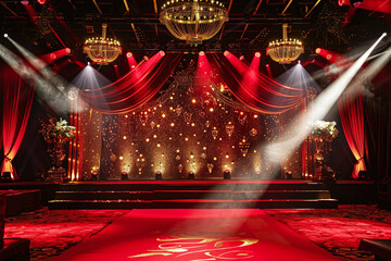 Red Theater Stage with Dramatic Lighting and Velvet Curtains, Elegant Performance Venue Setup with Spotlight and Theatrical Atmosphere