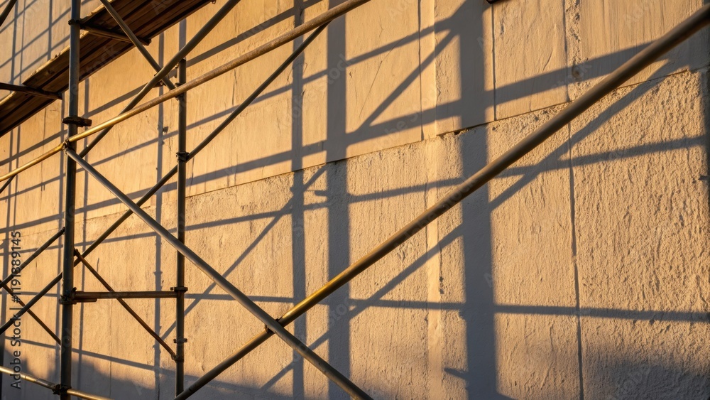 Aufkleber A medium closeup of a fresh coat of paint on a wall with the shadows of scaffolding creating a gridlike pattern the late afternoon light enhancing the texture of the brush strokes.