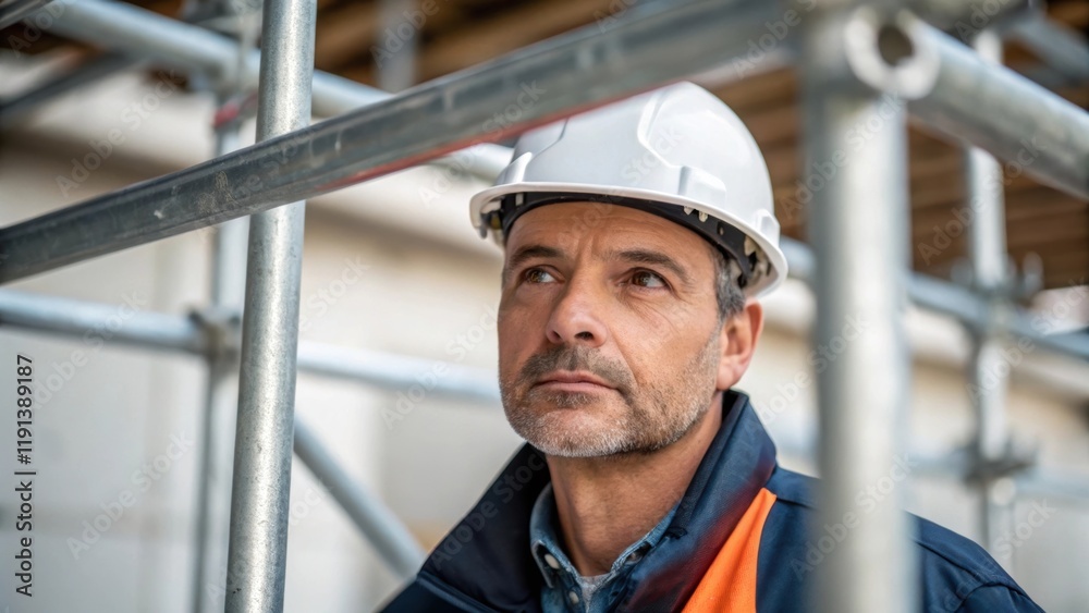 Poster a medium closeup of a foreman inspecting scaffolding highlighting his serious expression as he check