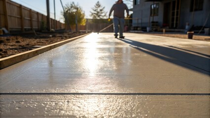 A medium closeup of a freshly finished concrete surface reflecting the sunlight with a workers shadow in the background symbolizing the blend of craftsmanship and careful curing