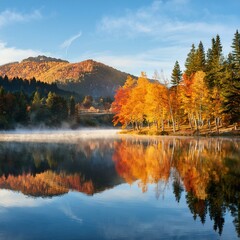 Obraz premium Generated image A scenic landscape of a serene mountain lake at sunrise, with mist rising from the water 