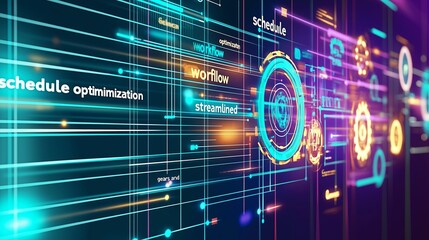 Digital Time Management System with Glowing Technology Elements on Purple Background