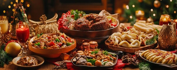 Festive Christmas dinner table, traditional food, candles, decorations. Holiday meal