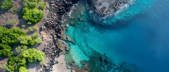Obraz premium Aerial View of Serene Tropical Beach with Crystal Clear Water and Rocks