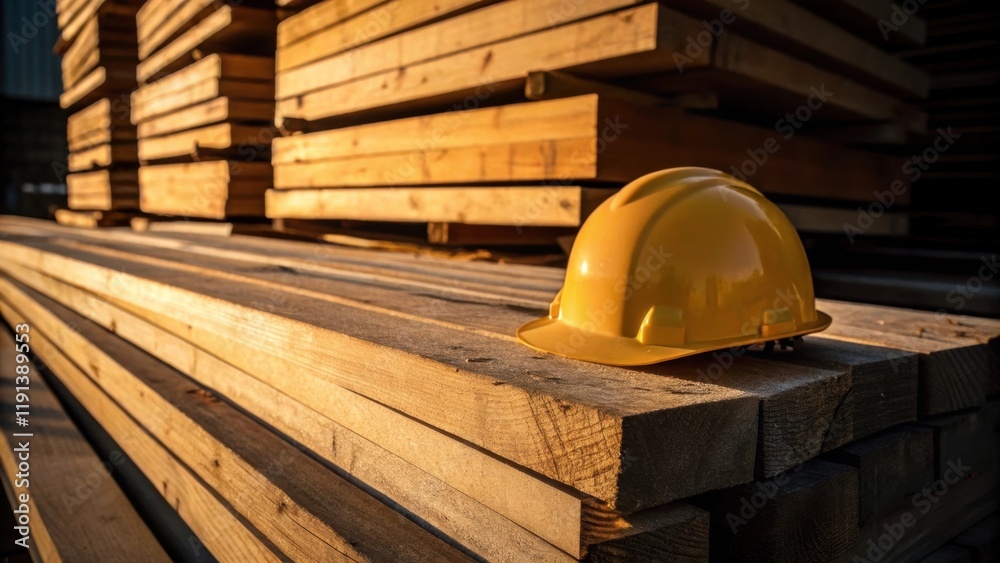 Poster a medium closeup of a hard hat perched on a stack of lumber the deep shadows emphasizing the woods g