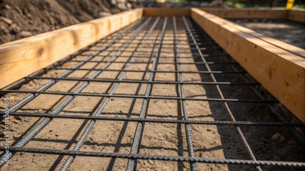 Poster A medium closeup of a mesh of rebar laid on wooden forms showing the intricate pattern of steel bars and the shadows they cast on the surrounding soil.