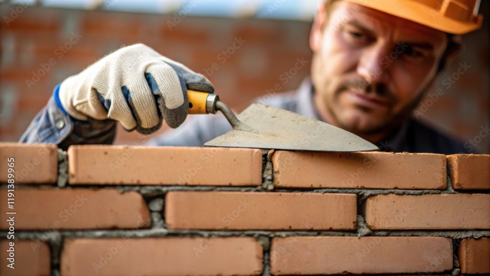 Fototapete a medium closeup of a masons trowel spreading mortar between bricks under the watchful eye of the wo