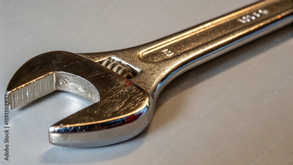 Poster A medium closeup of a metallic wrench capturing the gleaming surface with reflections of light dancing across its polished finish while emphasizing the unique jaw shape and the
