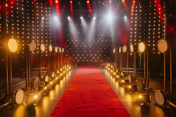 Red Theater Stage with Dramatic Lighting and Velvet Curtains, Elegant Performance Venue Setup with Spotlight and Theatrical Atmosphere