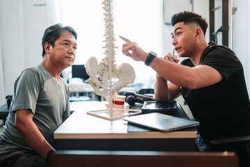 A chiropractor explains spinal health to a patient in a clinic setting fostering understanding and care.