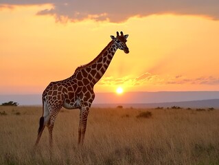 Obraz premium Majestic Giraffe Silhouetted Against Vibrant African Sunset in Expansive Savannah : Generative AI
