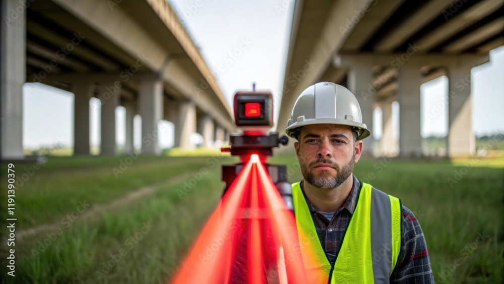 Poster A medium closeup of an engineer inspecting the alignment of bridge supports with a laser level the precision tool casting a red beam across a grassy clearing.