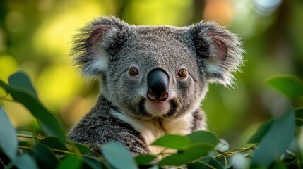 Obraz premium Captivating koala portrait with intense gaze and vivid texture in lush greenery.