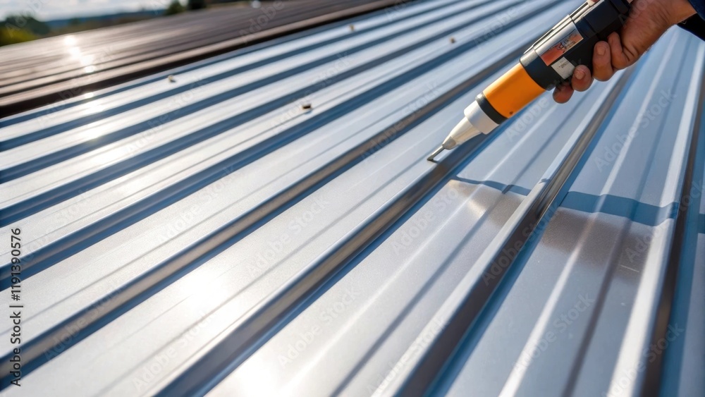 Poster a medium closeup of an installer applying a sealant along the seams of metal roofing sheets with a f