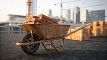 A medium closeup of an oldfashioned wheelbarrow filled with bricks emphasizing the simplicity and manual labor of early construction ods contrasted with todays machinery.