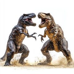 Fototapeta premium Two T-Rex dinosaurs facing off, prehistoric battle, white background, educational use