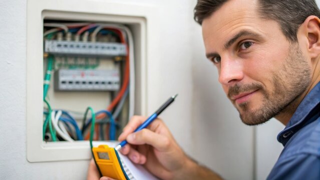 A medium closeup of an inspectors focused expression as they scrutinize electrical wiring installed within a wall cavity with their pen poised to mark any code violations.