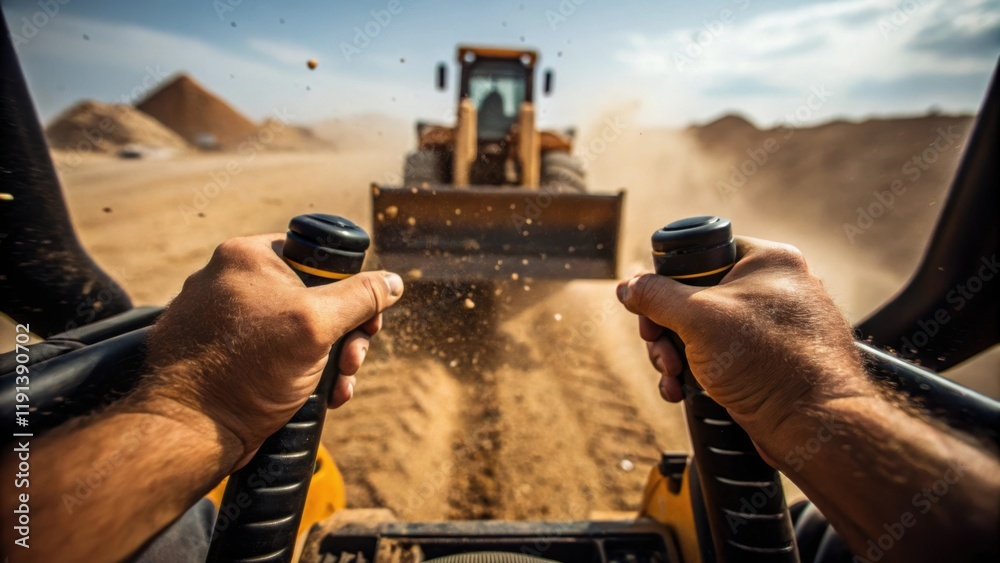 Poster a medium closeup of an operators hands gripping the control levers of a skid steer with dirt and deb