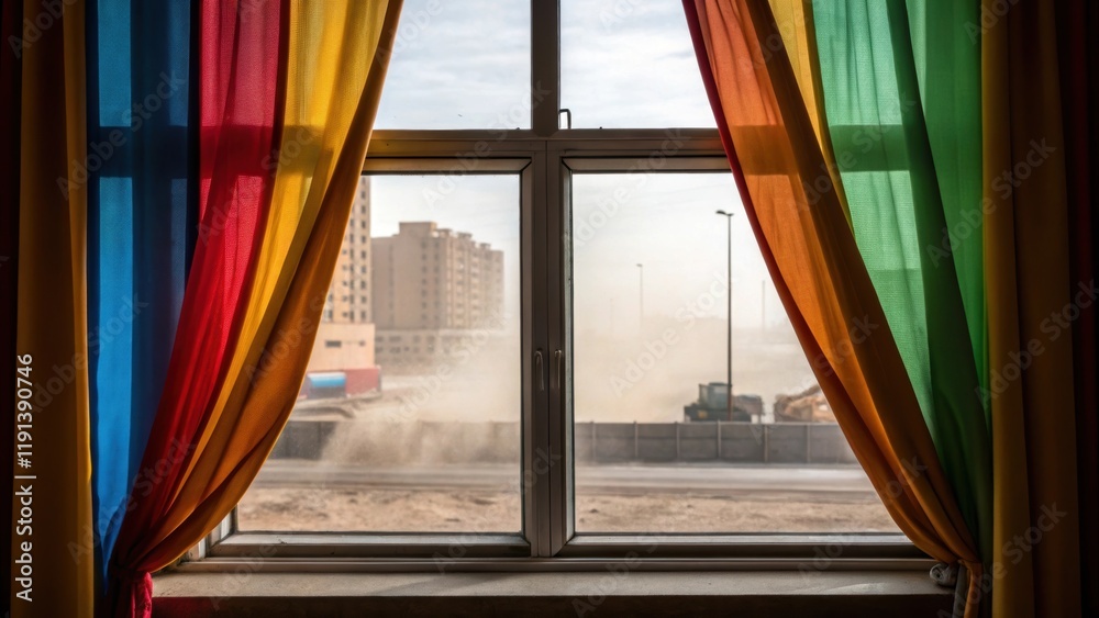 Poster A medium closeup of an urban landscape window showing colorful curtains flapping as dust from outside pours in while the distant rumble of machinery resonates like thunder through
