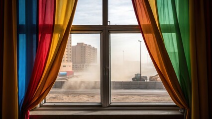 A medium closeup of an urban landscape window showing colorful curtains flapping as dust from outside pours in while the distant rumble of machinery resonates like thunder through