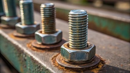 A medium closeup of a of steel bolts their hexagonal heads gleaming with a mirrorlike finish surrounded by hints of rust and wear telling a story of strength and endurance over